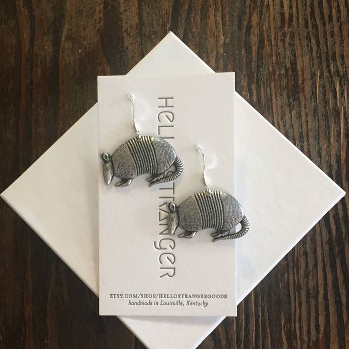 Handmade Silver Plated Armadillo Dangle Earrings Made in USA for wholesale by Hello Stranger