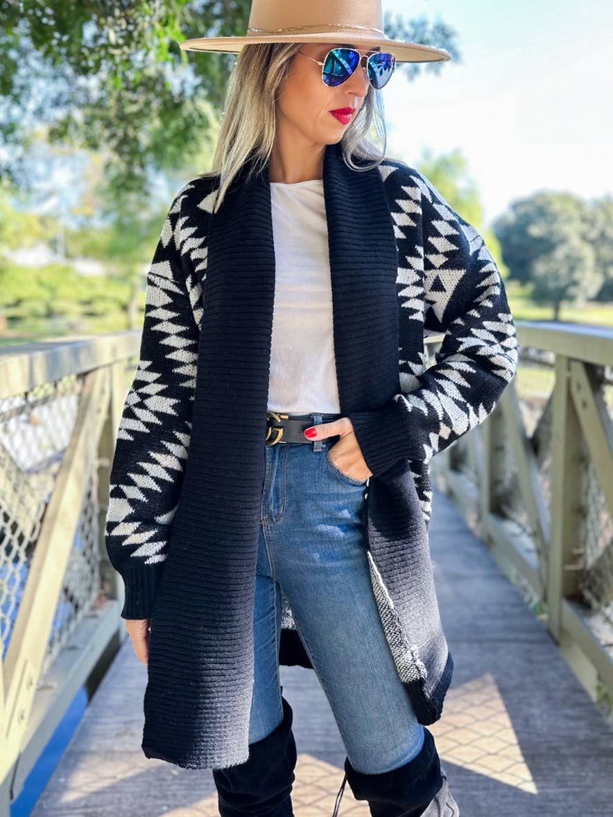 Black Aztec Printed Lightweight Cardigan with Pockets for wholesale on Faire1