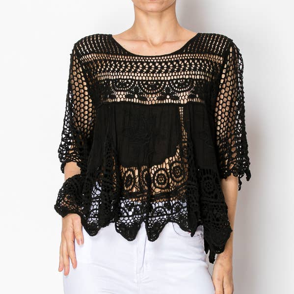 TOP CORTO HOLGADO FLUIDO DE ENCAJE Y CROCHET -4819 BK para venta al por mayor de Origami Apparel ~  Lace and Crochet inspired