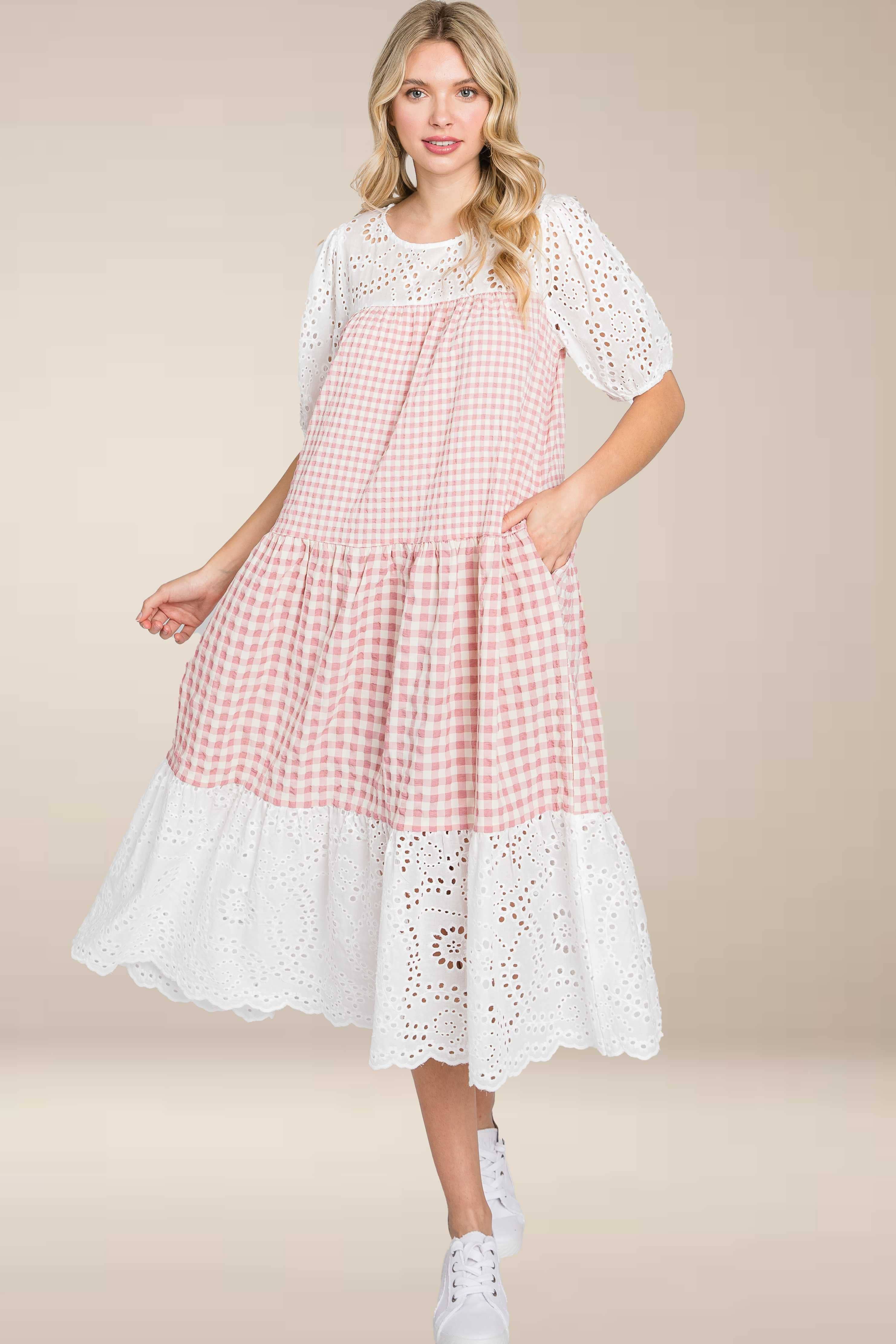 ELLEBORN - Wholesale Dress - Women's - Gingham with cotton eyelet midi dress  3127D-27