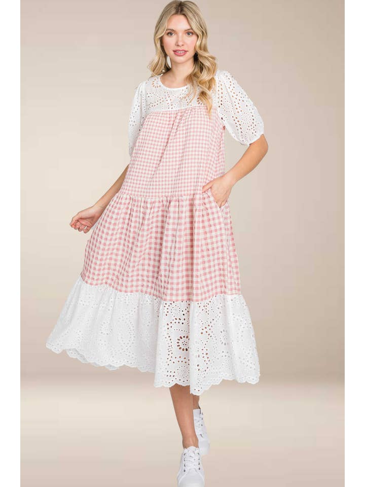 ELLEBORN - Wholesale Dress - Women's - Gingham with cotton eyelet midi dress 3127D-27