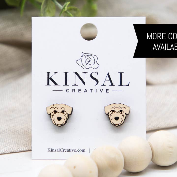 Goldendoodle Dog Wood Stud Earrings for wholesale by Kinsal Creative
