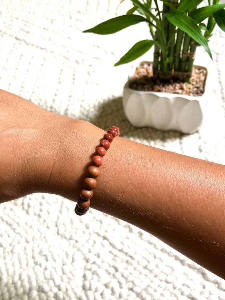 Red Jasper Gemstone and Sandalwood Beaded Bracelet for wholesale by Peace Within Co.