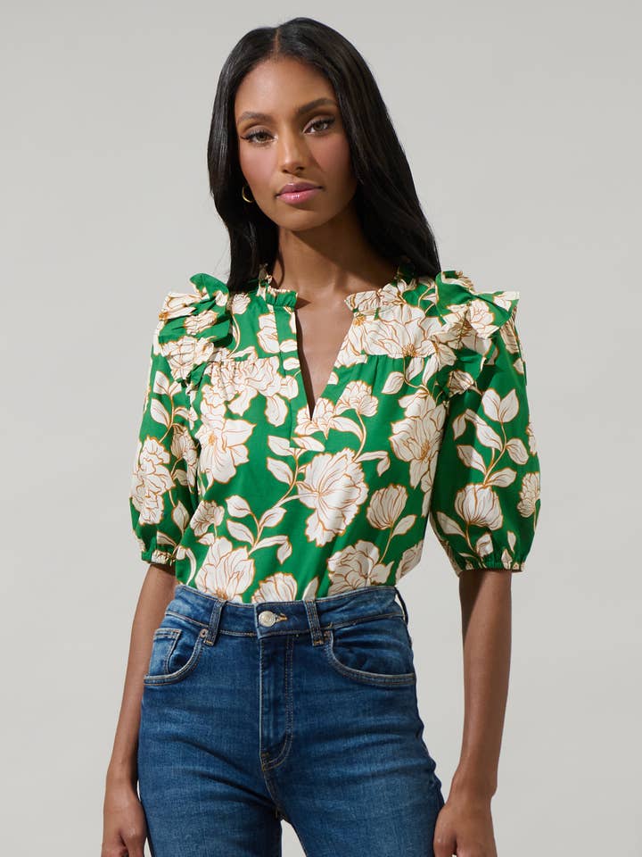 GREEN MULTI Lucena Floral Paz Poplin Short Sleeve Top for wholesale on Faire