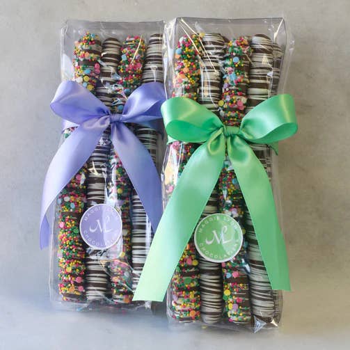8pc Easter Milk Chocolate Covered Pretzel Rods for wholesale by Maggie Lyon Chocolatiers