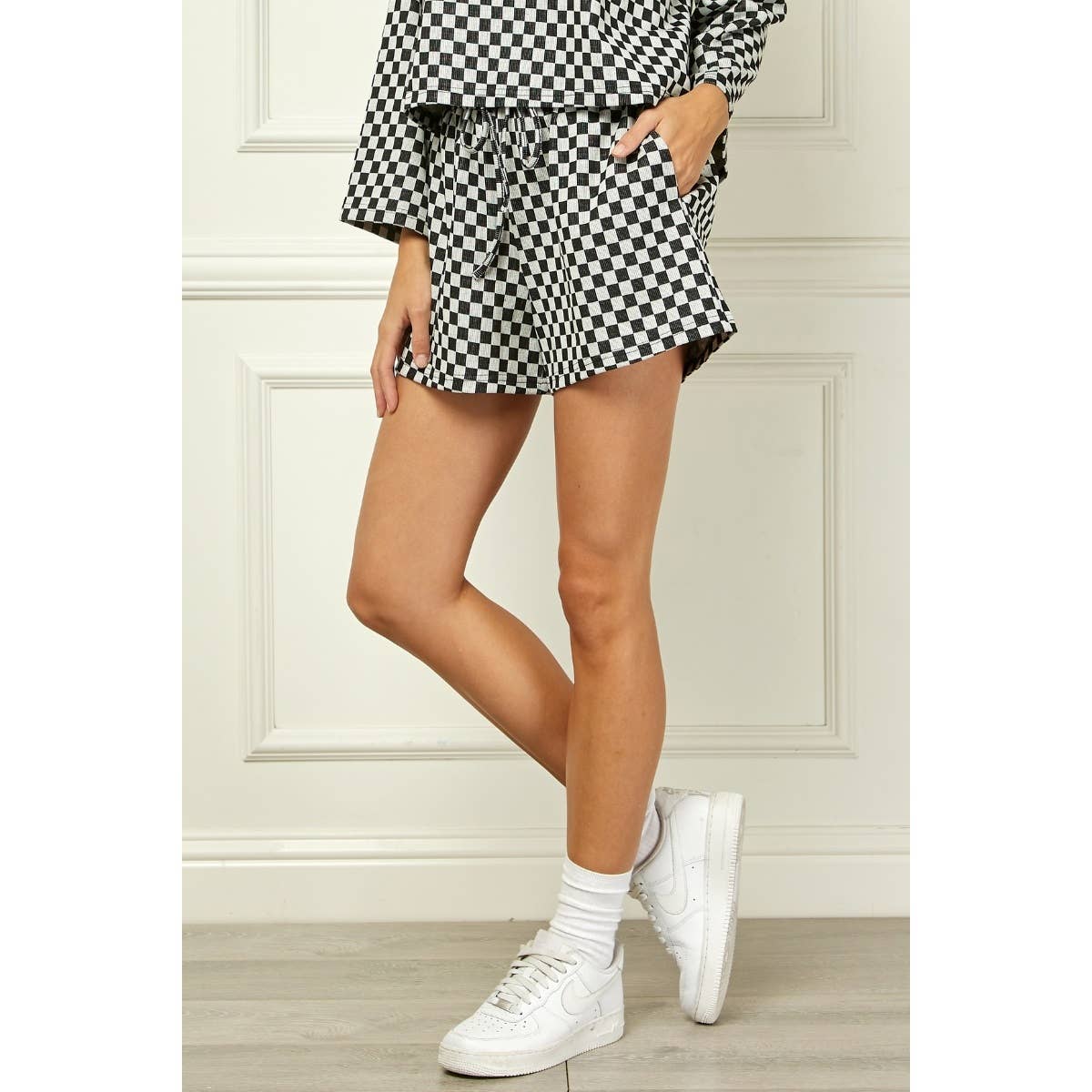 Veveret - Vente Short – femme - Short à cordon en jersey à carreaux 2