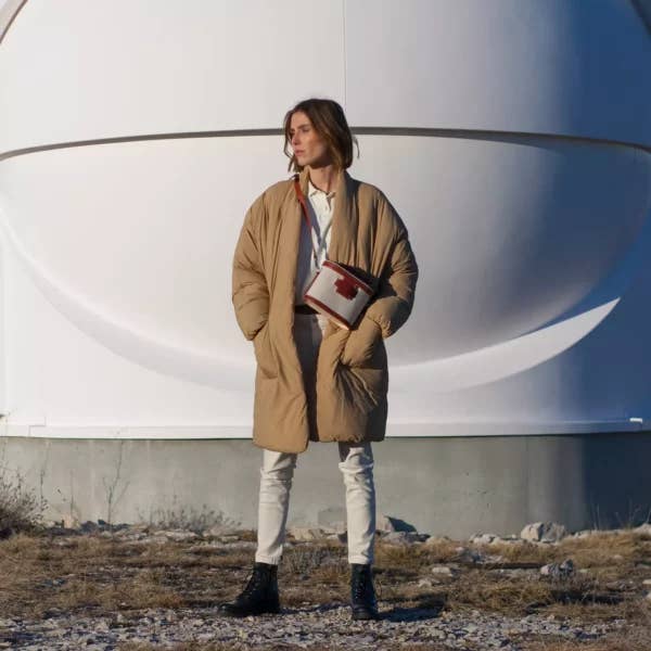 Red Salmon Leather And Linen Vanity Bag for wholesale on Faire7