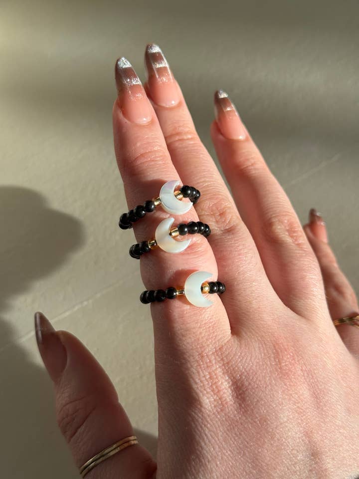 Black Obsidian Moon Stretch Beaded Ring for wholesale by Sapphire & Sage
