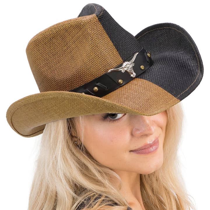 TAN/SORT Cap Zone split-farvet cowboystrohat med Longhorn-bælteemblem for engroshandel på Faire0