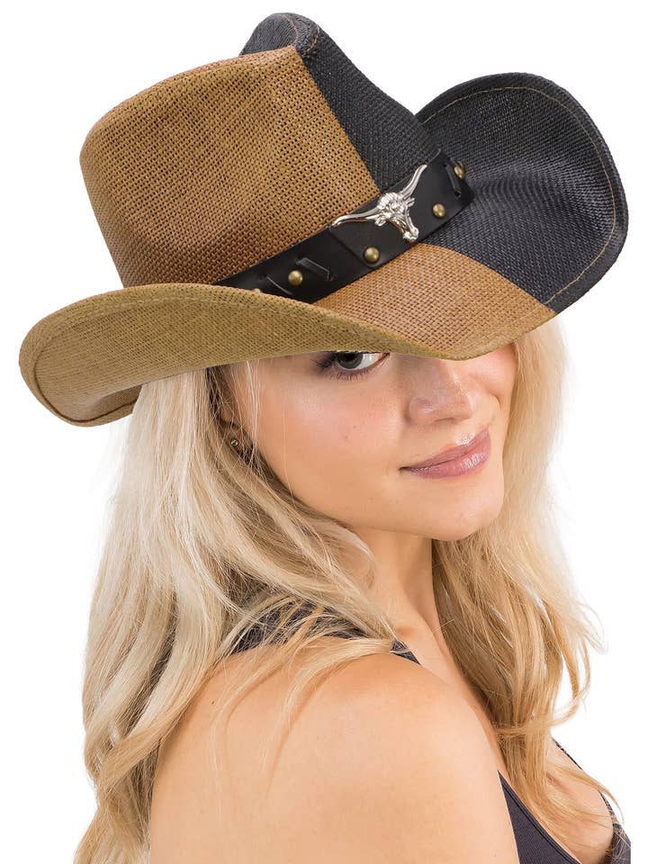 Sombrero vaquero de paja con cinturón adornado y emblema de Longhorn para venta al por mayor de Cap Zone