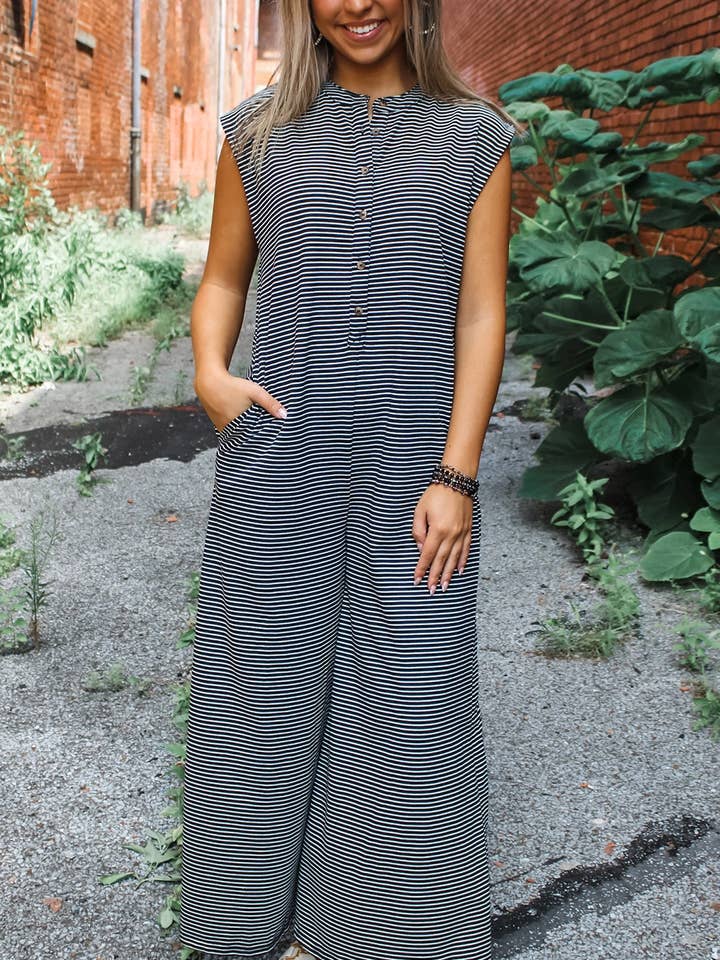 Striped Print Buttoned Wide Leg Sleeveless Jumpsuit and other Purchase Wholesale striped jumpsuit. Free Returns & Net 60 Terms on Faire trending on Faire.