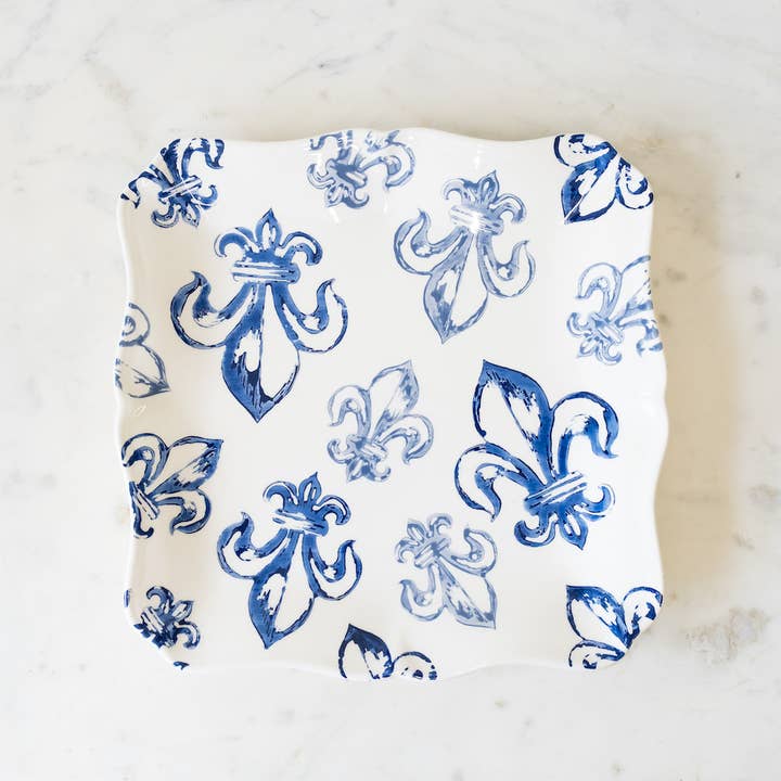 Watercolor Fleur De Lis Serving Platter White/Blue/Light Blue 11.5x11.5x1 for wholesale on Faire