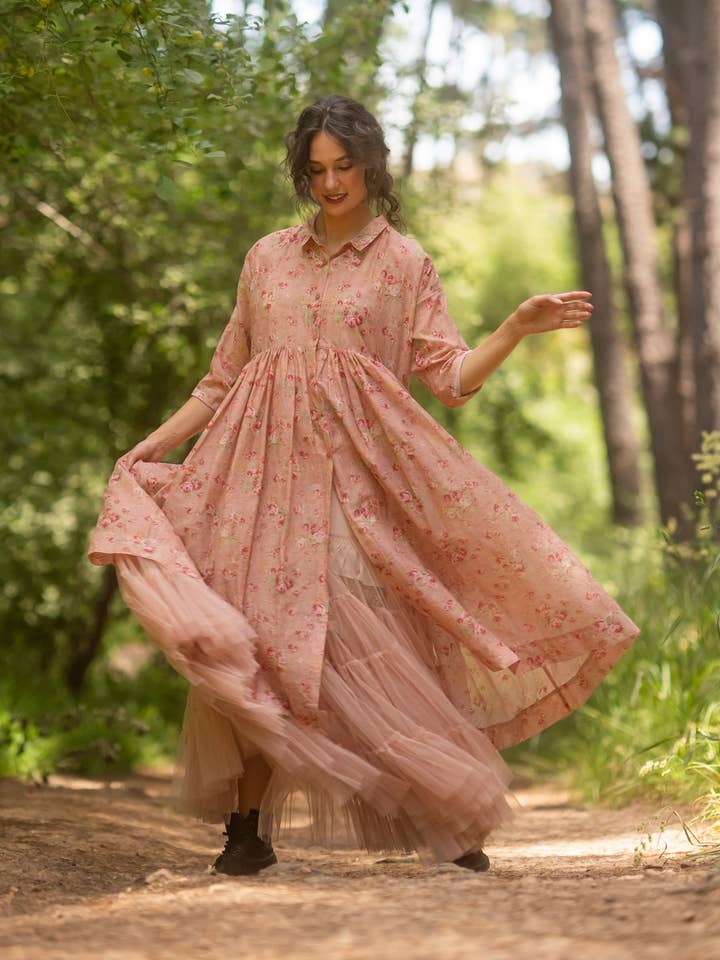 Meadowlark. Cotton floral duster dress. Peachy Pink for wholesale by Miss Rose Sister Violet Australia