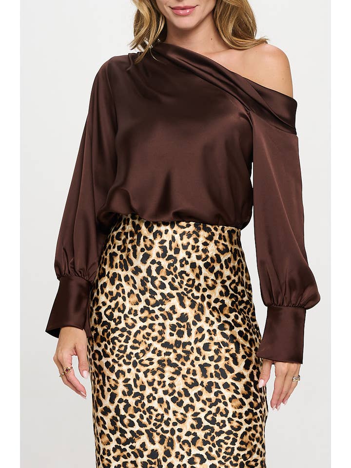 Brown Made in USA Dropped Shoulder Long Sleeve Satin Top for wholesale on Faire