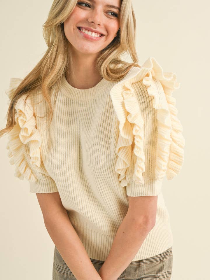 RUFFLE DETAIL SHORT SLEEVE SWEATER MSW10483 for wholesale by &MERCI