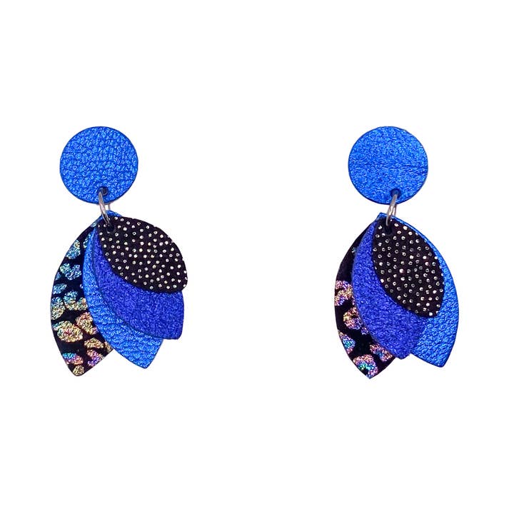 Blue and black leopard leather Petal earrings for wholesale by Manali