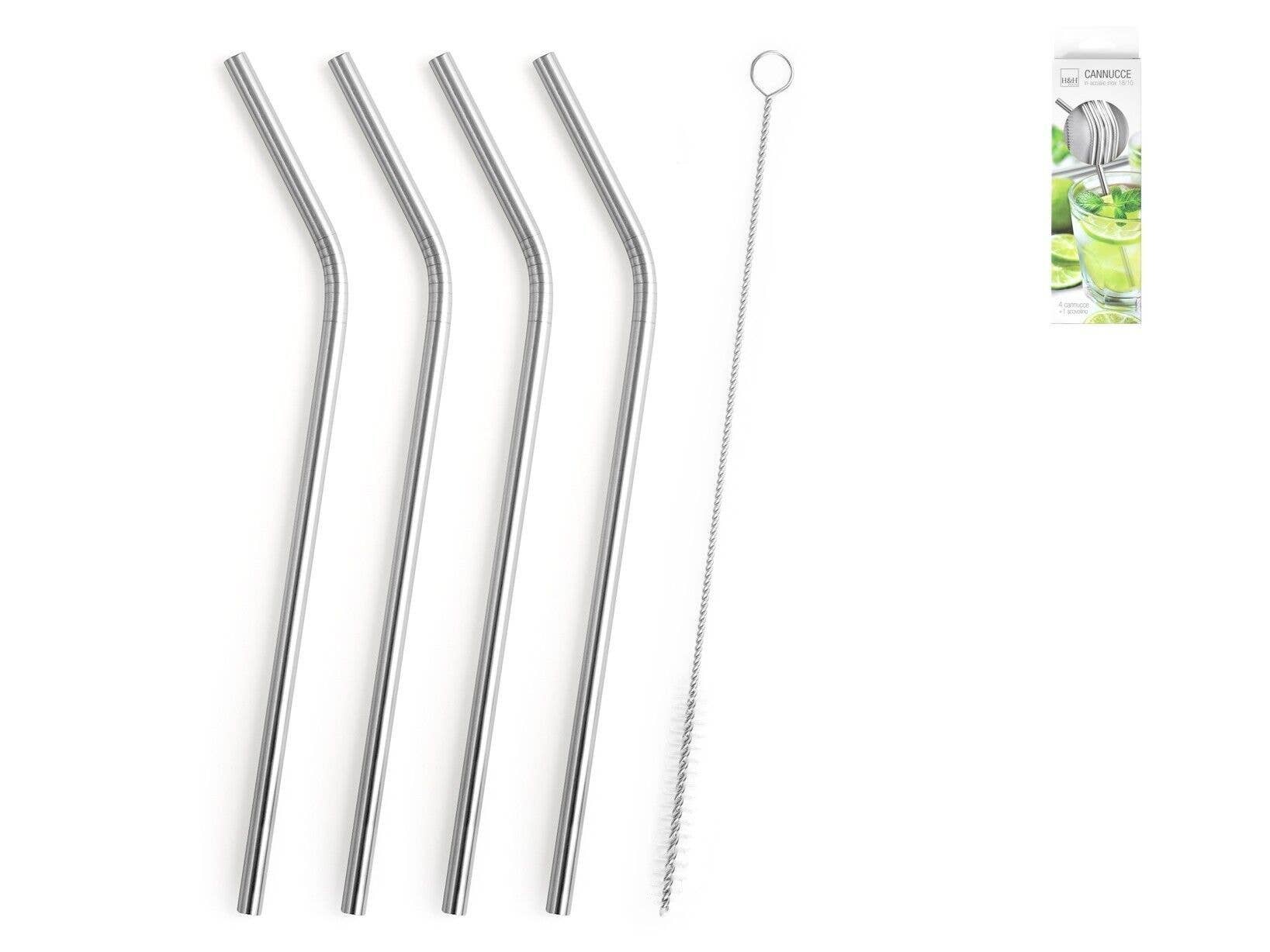 H&H - Wholesale Drinking Straw - Set of 4 Curved Straws in 18/10 Stainless Steel with Cleaning Brush0