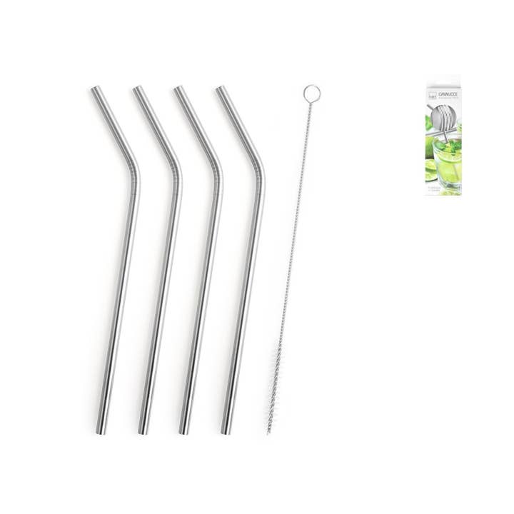 H&H - Wholesale Drinking Straw - Set of 4 Curved Straws in 18/10 Stainless Steel with Cleaning Brush