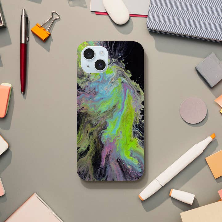 Neon Abstract iPhone Case - An Explosion of Colour | Tough Case for iPhone 16, 15, 14, 13, 12 | Lime Green & Purple Fluid Art | Heavy Duty Dual Layer Protective Cover for wholesale by James Knights Art