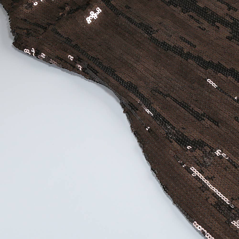 Marrón oscuro+Negro Vestido de noche elegante DR579 con cuello alto y lentejuelas translúcidas de venta al por mayor en Faire13