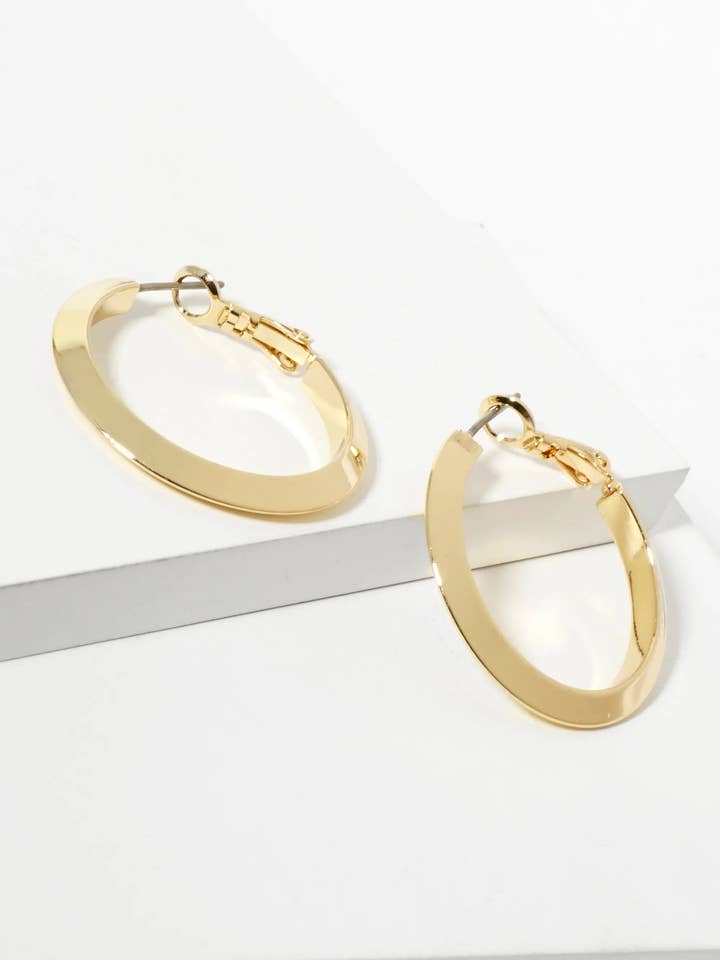 30mm Polished 14K-Gold-Dipped Brass Latch-Back Angled Hoop Earrings for wholesale by Wild Honey