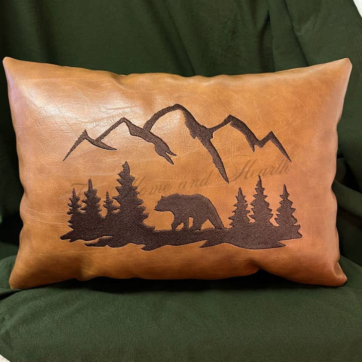 Leather Bear Pillow – Rustic Lodge & Cabin Decor for wholesale by The Home and Hearth Market