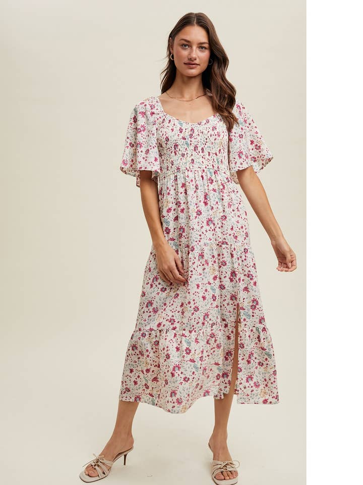 BLOMSTRET MIDIKJOLE MED FLAGRENDE ÆRMER/WL24-9907 for engroshandel hos Wishlist Apparel