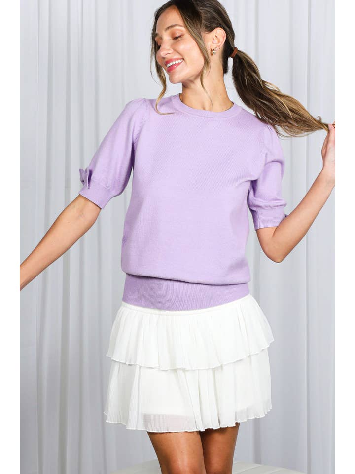 Vine & Love - Vente Haut en maille – femme - Haut en tricot à col rond avec manches bouffantes et nœud décoratif VT8267016