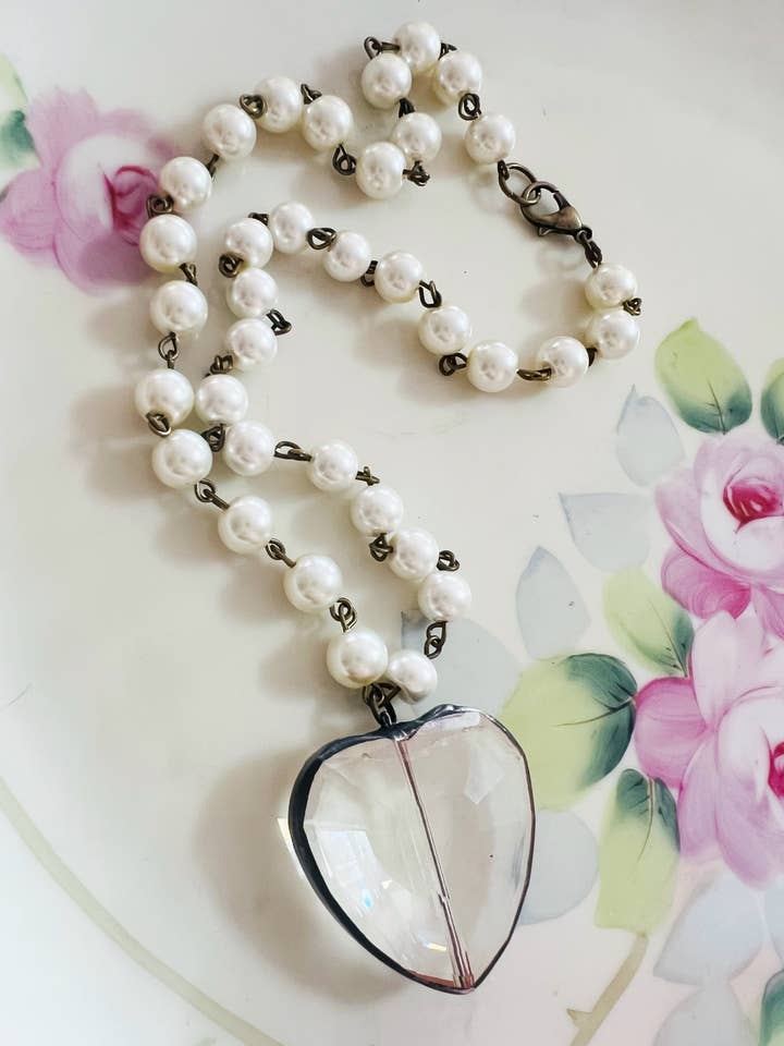 Soldered Crystal Heart White Pearl Beaded Chain Necklace for wholesale by Vintage Bliss