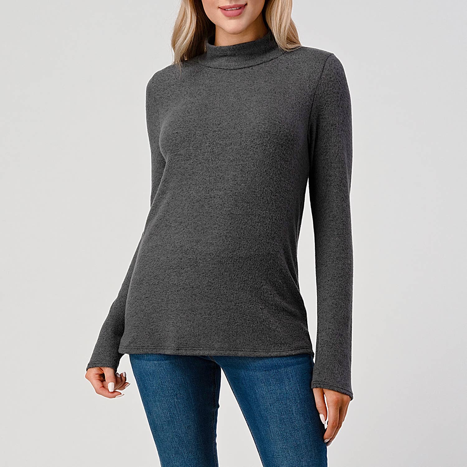 Heimious - Wholesale Knit Top - Women's - Mock Neck L-Sleeve Relaxed Fit Brushed Knit Top, T5480