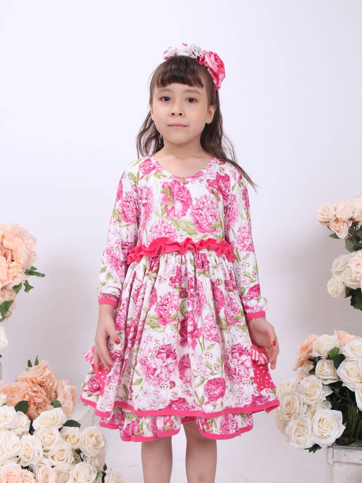 Angeline Kids – Großhandel Kleid – Kinder – Baby Mädchen Weihnachten Pfingstrosen Blumen Twirl Kleid Hot Pink
