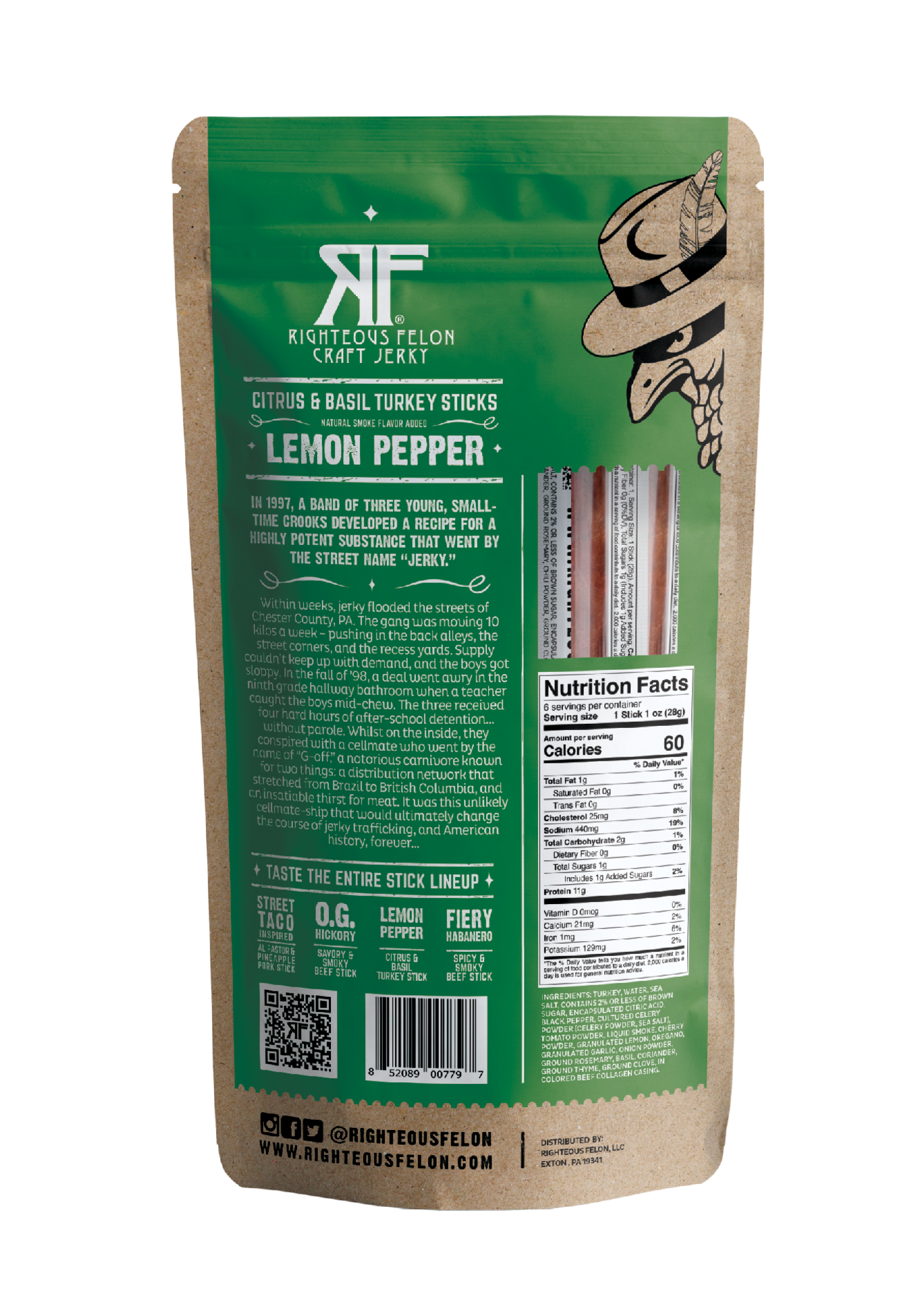 Righteous Felon Craft Jerky - Wholesale Jerky - 6ct Pouch RF Lemon Pepper Turkey Stick 1oz (8ct)1