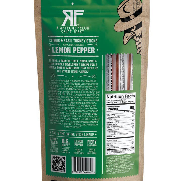 Righteous Felon Craft Jerky - Wholesale Jerky - 6ct Pouch RF Lemon Pepper Turkey Stick 1oz (8ct)1