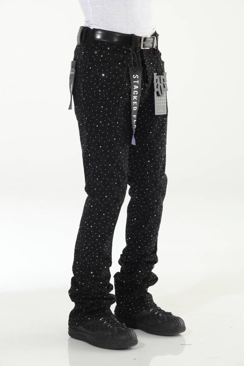 Stylo - Wholesale Jeans - Men's - Black Rhinestone Covered Stacked Flare13