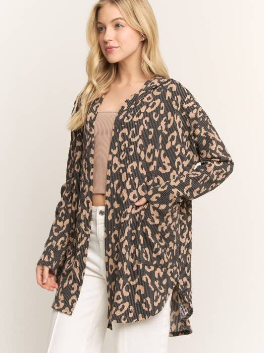 CHARCOAL SJ1032-42 LONG SLEEVE ANIMAL URBAN RIB HOODIE OPEN CARDIGAN for wholesale on Faire4