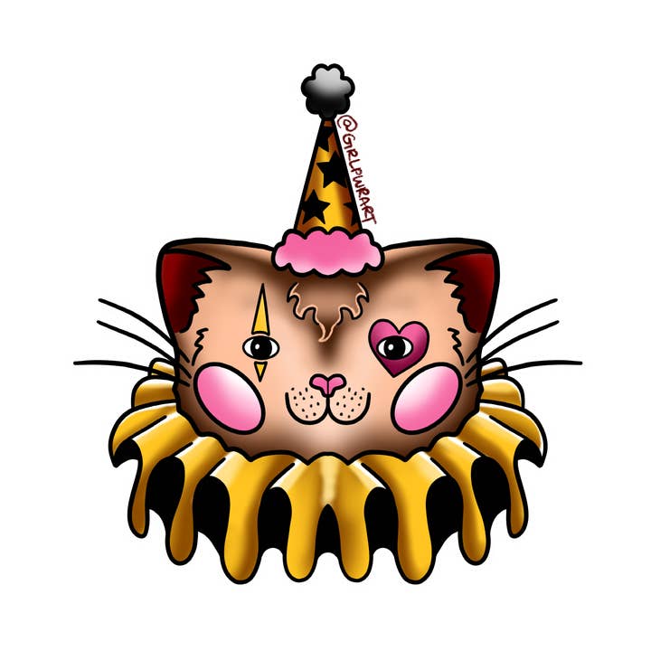 Holographic Cat Clown Sticker for wholesale by Grlpwr Art