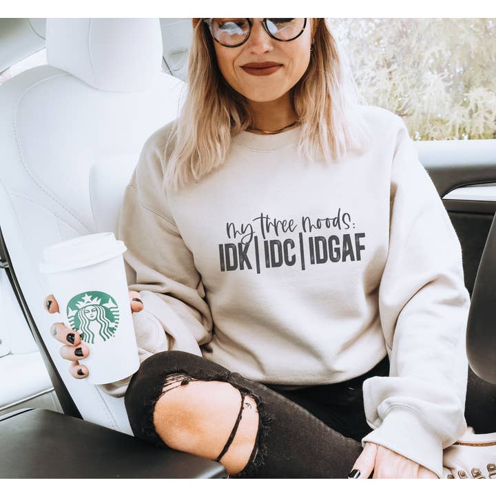 Trendznmore - Wholesale Graphic Sweatshirt - Women's - My Three Moods Funny Crewneck Graphic Sweatshirt