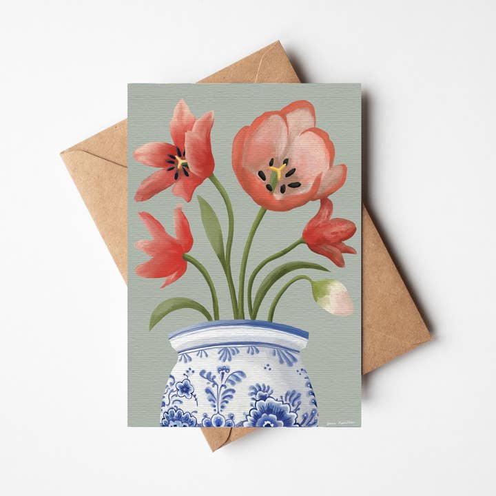 NEW: Tulips in Delft Vase Cards for wholesale by Susie Hamilton Art