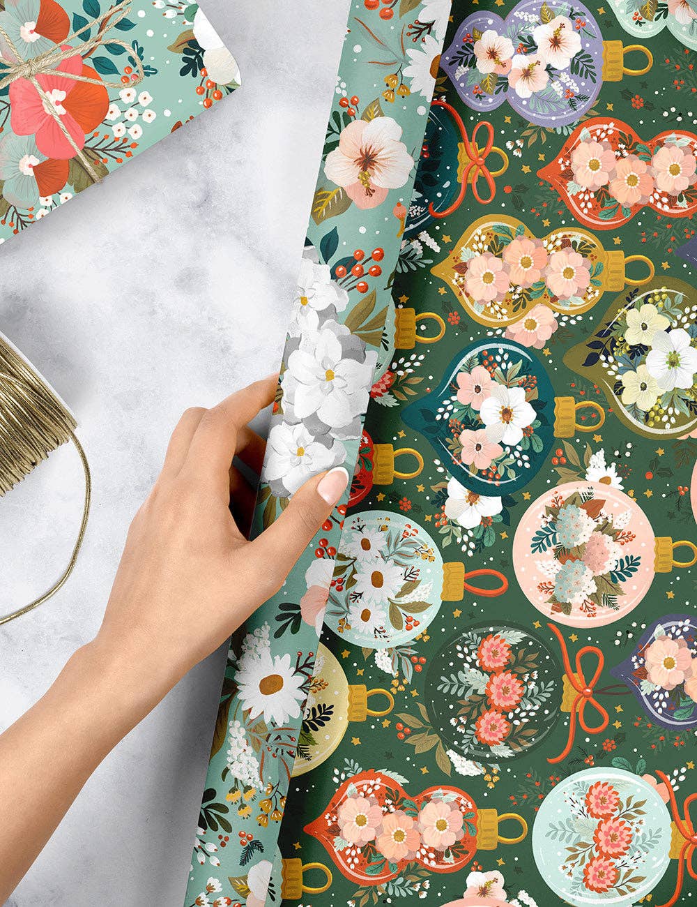 Bespoke Letterpress - Wholesale Flat Wrap - Christmas Ornaments / Floral Fields 6pk Gift Wrap13