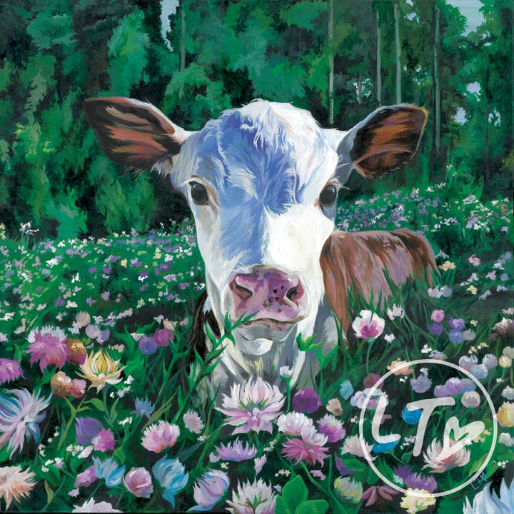 Mounted Giclee Cow in Flowers Art Print (Posy) for wholesale by Lauren's Cows