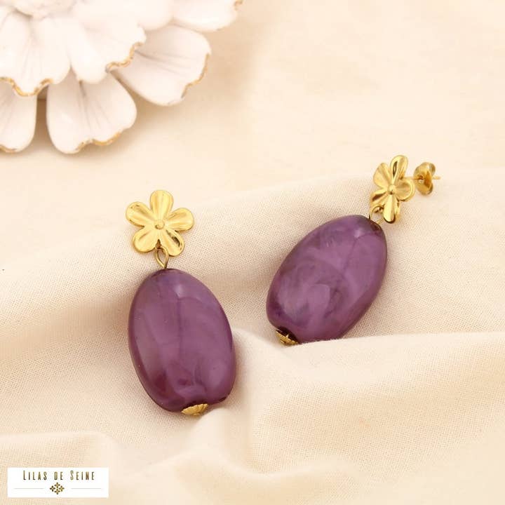 Boucles d’oreilles acier inox résine marbré fleur 0325541 pour la vente par Lilas de Seine