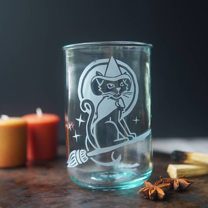 Witch Cat Rustic Recycled Glass Candle Cup for wholesale by Bread and Badger