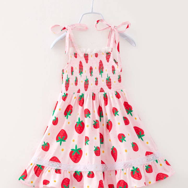 Pink Strawberry Flower Girl Ruffle Smocked Dress for wholesale by littleoneusa