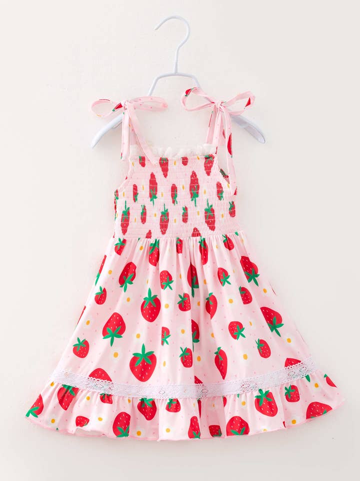 littleoneusa - Wholesale Dress - Kids - Pink Strawberry Flower Girl Ruffle Smocked Dress