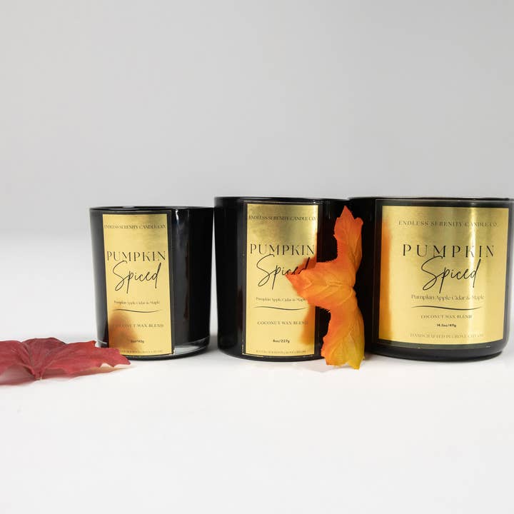 Pumpkin Spiced 5oz/10oz/14,5oz Glansig Svart/Guld Glasljus för wholesale av Endless Serenity Candle Co