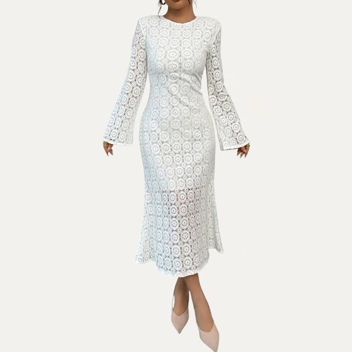 Romantic White Floral Lace Round Neck Long Sleeve Maxi Dress for wholesale by The Moment Collection