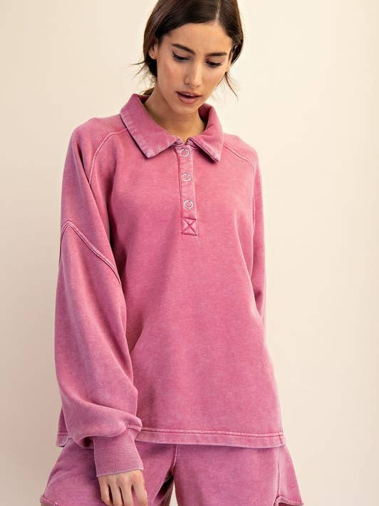 Sunday Morning - Wholesale Sweatshirt - Women's - T170037 LONG SLEEVE MINERAL WASHED POLO SWEATSHIRT28