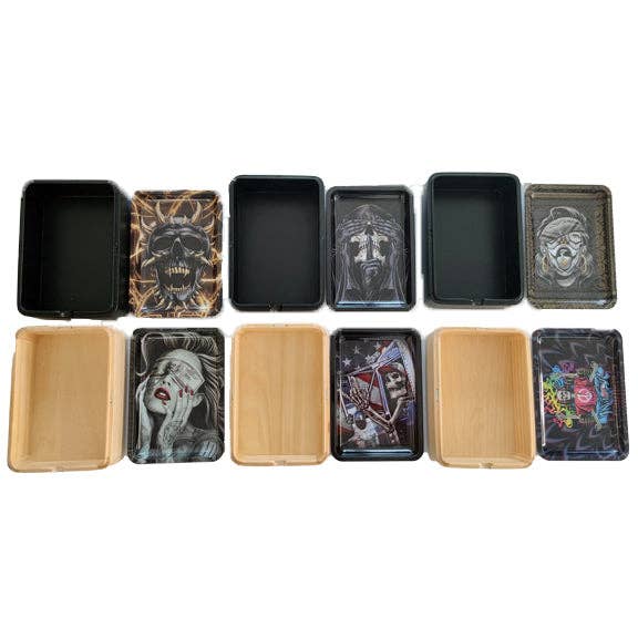 Novelty Closeout - Wholesale Decorative Box - Wood Stash Box with Magnetic Roll Tray Lid Assortment- 6/Pk1