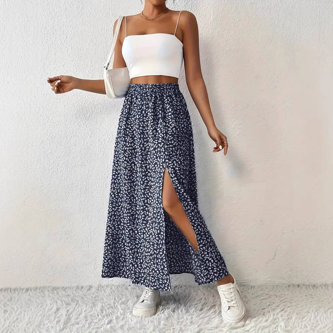 Rosa Clothing - Wholesale Skirt - Women's - Floral Slit A-Line Hip-Wrap Mid-Waist Maxi Skirt2