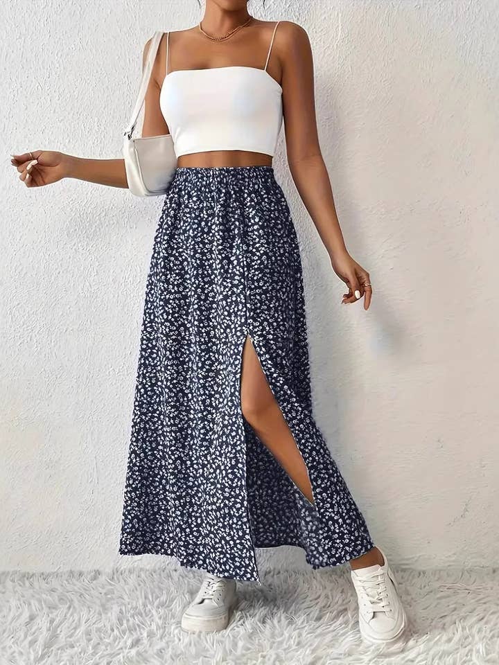 Rosa Clothing - Wholesale Skirt - Women's - Floral Slit A-Line Hip-Wrap Mid-Waist Maxi Skirt2